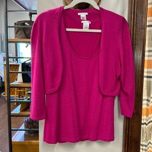 Cashmere and silk twin set by Oscar de la Renta hot pink, 3/4 sleeves